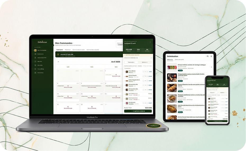 Aperçu du projet Délicorner — portail B2B sur laptop, tablette et mobile