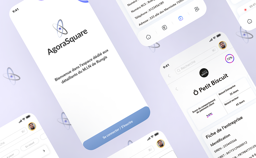 AgoraSquare - Interface de gestion B2B pour grossistes du marché de Rungis, montrant le dashboard principal avec gestion des commandes, facturation et comptabilité